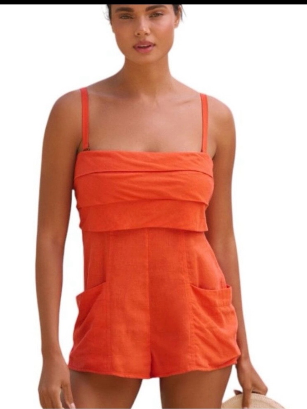 Anthropologie red linen blend pocket romper adjustable, removable straps  NWT XL